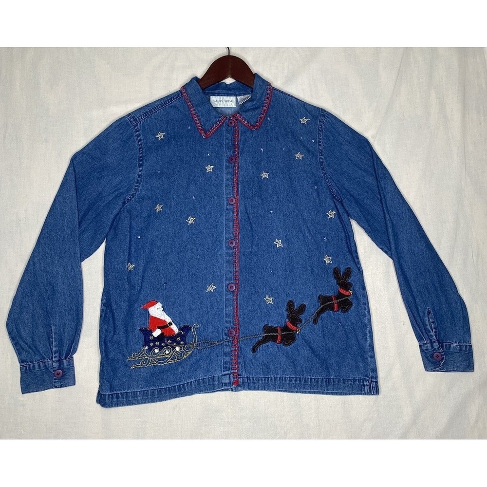 Vintage Denim Christmas Button Up Shirt Womens Small Long Sleeve Grannycore